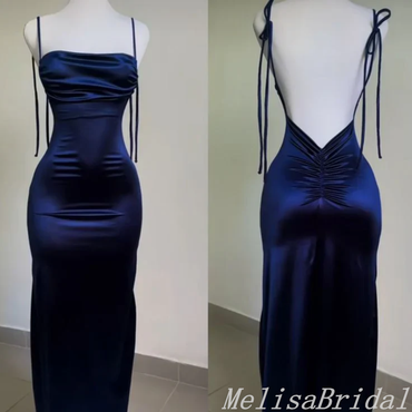 Navy Blue Spaghetti Straps Mermaid Open Back Evening Gown Maxi Long Evening Party Prom Dresses ,MB639