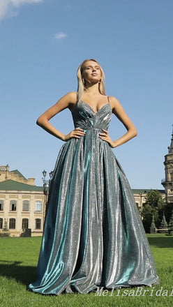 Sparkle V Neck Spaghetti Straps A-line Evening Gown Maxi Long Evening Party Prom Dresses ,MB783