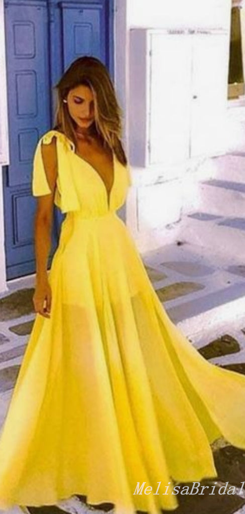 Sexy Yellow Plunging A-Line Evening Gown Maxi Long Formal Dresses Prom Dresses,MB513