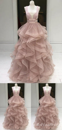 Elegant Pink Layer A-Line Evening Gown Maxi Long Formal Dresses Prom Dresses With Ruffles,MB485