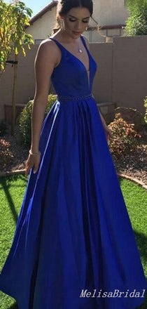 Navy Blue Deep V Neck A-Line Evening Gown Maxi Long Evening Party Prom Dresses  ,MB615