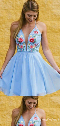 Blue A-Line Floral Appliques Plunging Graduation Party Short Homecoming Dresses, HD411