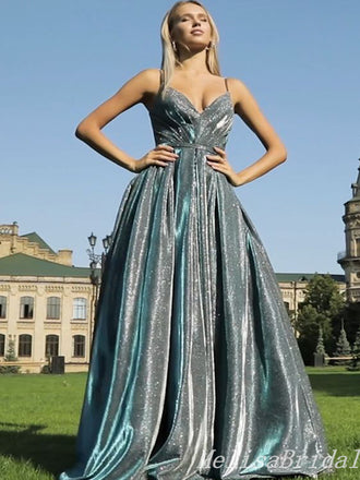 Sparkle V Neck Spaghetti Straps A-line Evening Gown Maxi Long Evening Party Prom Dresses ,MB783