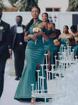 Sexy Green Mismached Off Shoulder Mermaid  Long Cheap Bridesmaid Dresses ,BD77