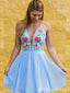 Blue A-Line Floral Appliques Plunging Graduation Party Short Homecoming Dresses, HD411