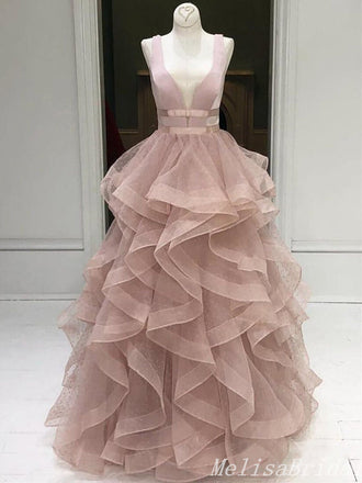 Elegant Pink Layer A-Line Evening Gown Maxi Long Formal Dresses Prom Dresses With Ruffles,MB485