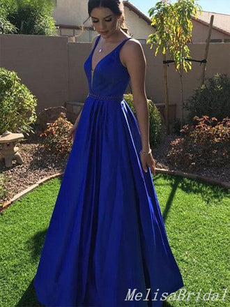 Navy Blue Deep V Neck A-Line Evening Gown Maxi Long Evening Party Prom Dresses  ,MB615