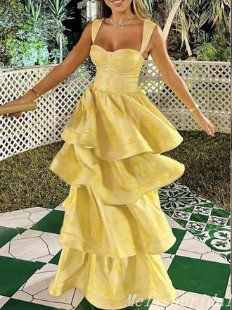 Elegant Sexy Yellow A-Line Layer Sweetheart Evening Gown Maxi Long Formal Dresses Prom Dresses With Ruffles ,MB469