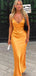 Elegant Orange Side Slit Spaghetti Strap Mermaid Long Prom Dresses,MB22