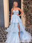Elegant Lace Appliques Tiered Tulle Side Slit A-line Sexy Strapless Ruffles Evening Gown Long Prom Dresses,MB240