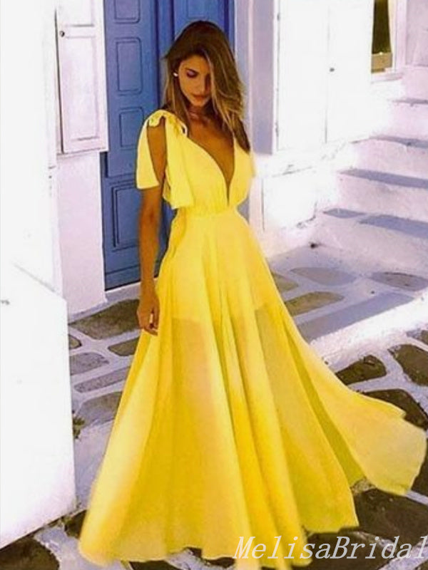 Sexy Yellow Plunging A-Line Evening Gown Maxi Long Formal Dresses Prom Dresses,MB513