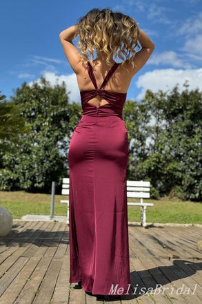 Gorgeous Sexy Square Neck Burgundy High Slit Evening Gown Long Prom Dresses with Pleats,MB322