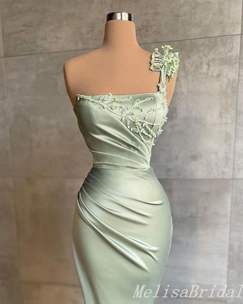 Green One Shoulder Embroidery Mermaid Evening Gown Maxi Long Evening Party Prom Dresses ,MB784