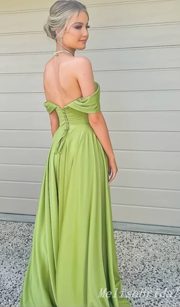 Olive Off-The-Shoulder A-Line Evening Gown Maxi Long Formal Dresses Prom Dresses With High Slit ,MB583