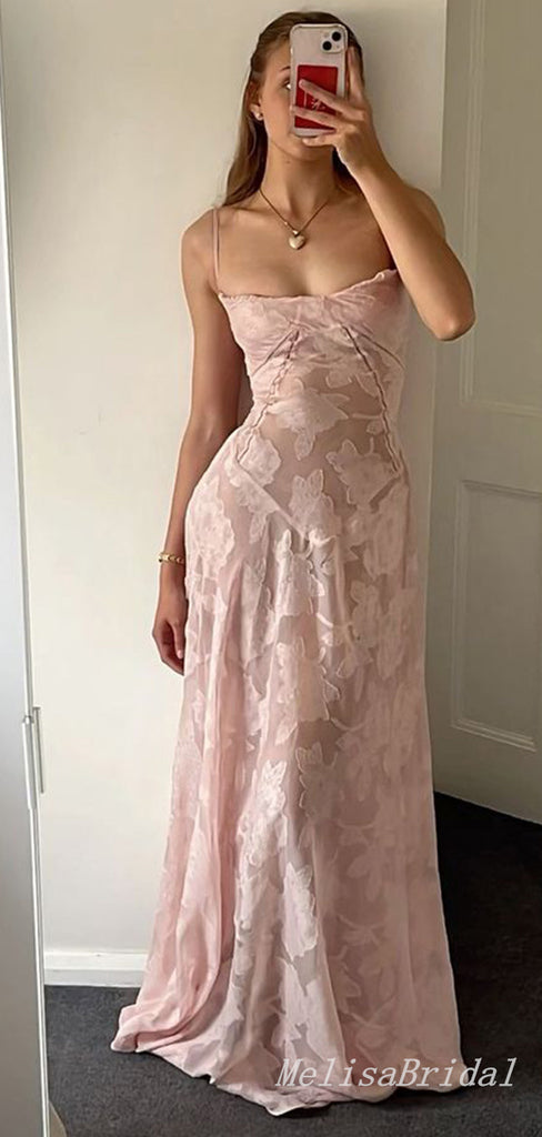 Sexy Elegant A-line Light Pink Spaghetti Straps Floral Evening Gown Long Prom Dresses,MB241