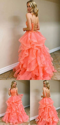 Elegant Orange Lace Appliques Lace Up Back Layer A-Line Evening Gown Maxi Long Formal Dresses Prom Dresses With Ruffles,MB486