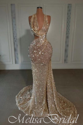 Sparkle Halter Mermaid Evening Gown Maxi Long Evening Party Prom Dresses With Trailing ,MB640