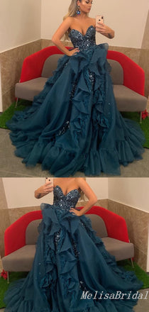 Charming Sexy Sparkly Strapless Sweetheart Evening Gown Long Formal Dresses Prom Dresses with Ruffles ,MB385