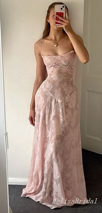Sexy Elegant A-line Light Pink Spaghetti Straps Floral Evening Gown Long Prom Dresses,MB241