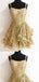 Elegant Gold Spaghetti Straps Lace Appliques A-Line Short Homecoming Dresses With Ruffles , HD322