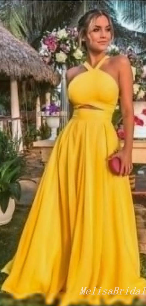 Sexy Yellow Halter A-Line Evening Gown Maxi Long Formal Dresses Prom Dresses With Pleats,MB514