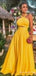 Sexy Yellow Halter A-Line Evening Gown Maxi Long Formal Dresses Prom Dresses With Pleats,MB514