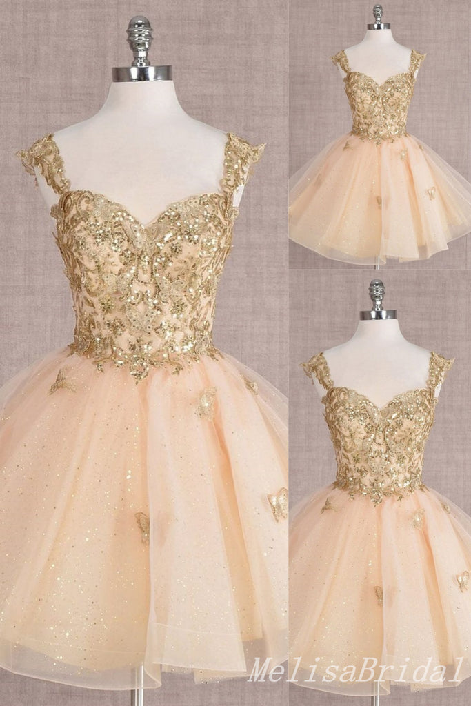 Gold Lace Appliques Sweetheart A-line Graduation Party Short Homecoming Dresses, HD465