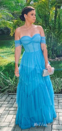 Blue Off Shoulder Sweetheart Layer A-Line Evening Gown Maxi Long Evening Party Prom Dresses   ,MB616