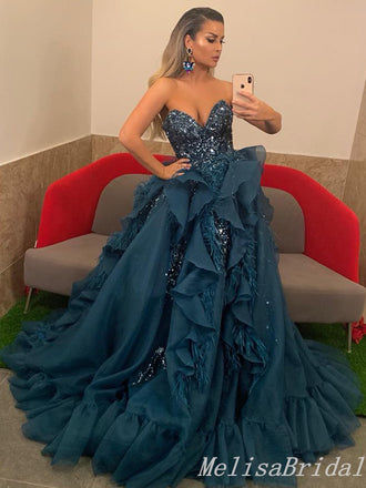 Charming Sexy Sparkly Strapless Sweetheart Evening Gown Long Formal Dresses Prom Dresses with Ruffles ,MB385