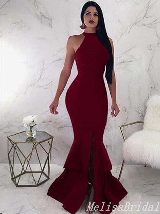 Sexy Gorgeous Burgundy Halter Mermaid Evening Gown Maxi Long Formal Dresses Prom Dresses,MB415