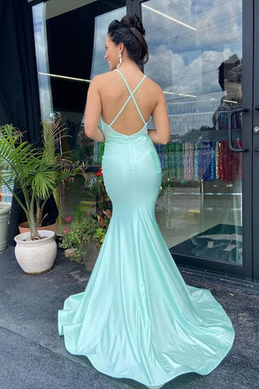 Elegant Light Green Spaghetti Straps V Neck Side Slit Evening Gown Prom Dresses,MB166