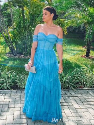 Blue Off Shoulder Sweetheart Layer A-Line Evening Gown Maxi Long Evening Party Prom Dresses   ,MB616