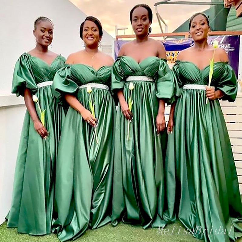 Elegant Off Shoulder Green Half Sleeves Mermaid Pleats Long Cheap Bridesmaid Dresses ,BD101