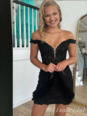 Sexy Off-the-shoulder Black Plunging Mermaid Short Homecoming Dresses Tight with Ruffles, HD288