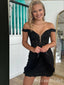 Sexy Off-the-shoulder Black Plunging Mermaid Short Homecoming Dresses Tight with Ruffles, HD288