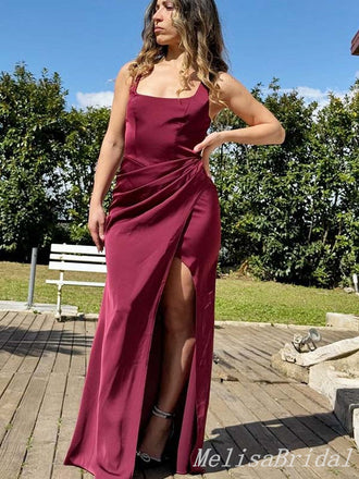 Gorgeous Sexy Square Neck Burgundy High Slit Evening Gown Long Prom Dresses with Pleats,MB322