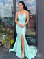 Elegant Light Green Spaghetti Straps V Neck Side Slit Evening Gown Prom Dresses,MB166