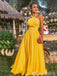 Sexy Yellow Halter A-Line Evening Gown Maxi Long Formal Dresses Prom Dresses With Pleats,MB514