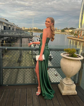 Elegant Green Side Slit Pleats Mermaid Sleeveless Evening Prom Dresses,MB130