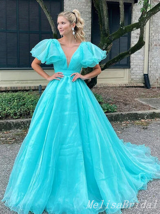 Sky Blue Deep V-Neck A-Line Ball Gown Evening Gown Maxi Long Formal Dresses Prom Dresses With Bubble Sleeves,MB554