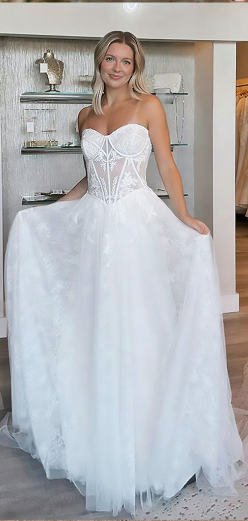 Elegant White Pleats Lace Appliques Tulle A-Line Long Cheap Wedding Dresses,WD60