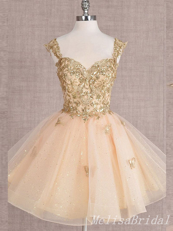 Gold Lace Appliques Sweetheart A-line Graduation Party Short Homecoming Dresses, HD465