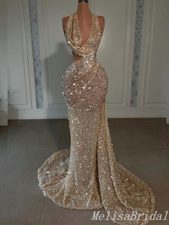 Sparkle Halter Mermaid Evening Gown Maxi Long Evening Party Prom Dresses With Trailing ,MB640