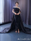 Gorgeous Black Off the Shoulder Mermaid Lace up Back Party Dress Long Prom Dresses to Impress with Trailing,MB953