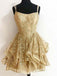 Elegant Gold Spaghetti Straps Lace Appliques A-Line Short Homecoming Dresses With Ruffles , HD322