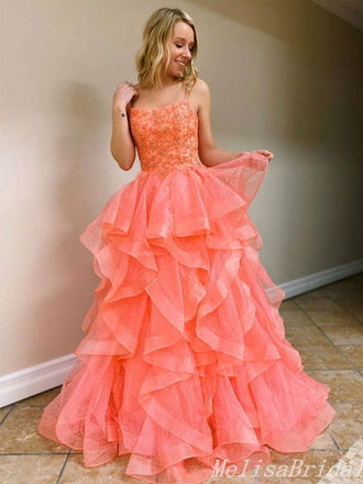 Elegant Orange Lace Appliques Lace Up Back Layer A-Line Evening Gown Maxi Long Formal Dresses Prom Dresses With Ruffles,MB486