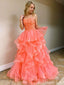 Elegant Orange Lace Appliques Lace Up Back Layer A-Line Evening Gown Maxi Long Formal Dresses Prom Dresses With Ruffles,MB486