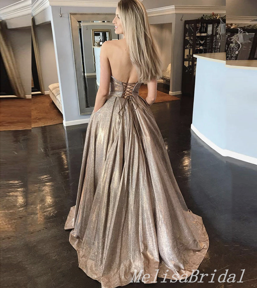 Sexy Elegant A-line Strapless Evening Gown Long Prom Dresses with Pockets ,MB242