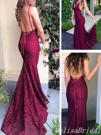 Sexy Gorgeous Spaghetti Straps Deep V-Neck Open Back Lace Appliques Mermaid Evening Gown Maxi Long Formal Dresses Prom Dresses,MB416