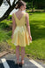 Light Yellow V-Neck Layer A-Line Graduation Party Short Homecoming Dresses, HD382